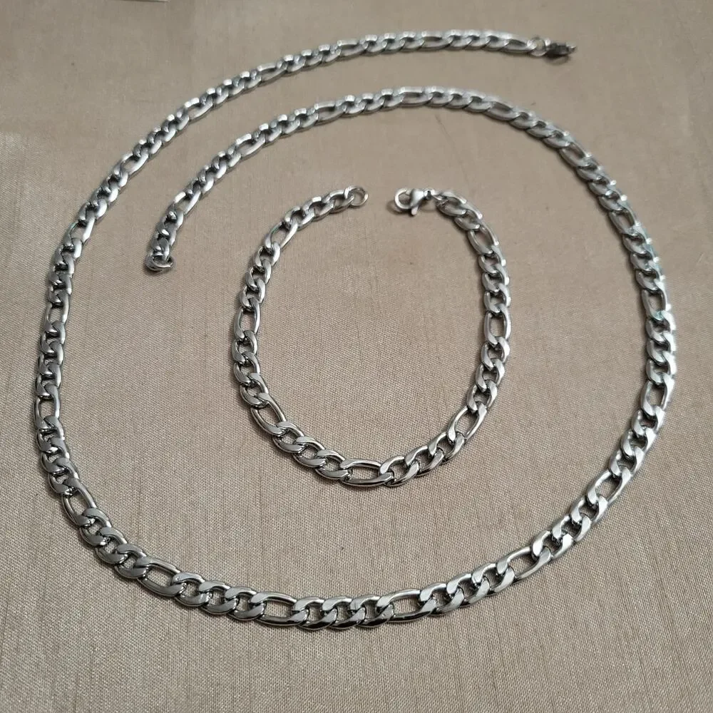 Men's silver stainless steel figaro chain necklace and bracelet set 6mm thick